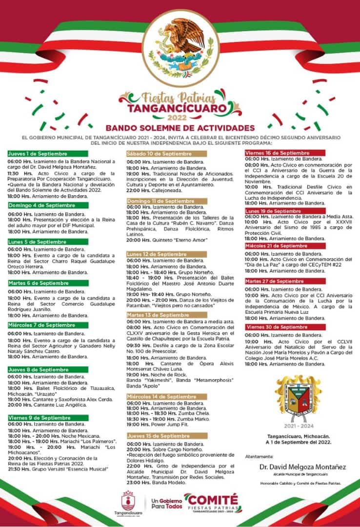 Tangancícuaro comparte bando solemne de actividades para estas fiestas patrias 2022