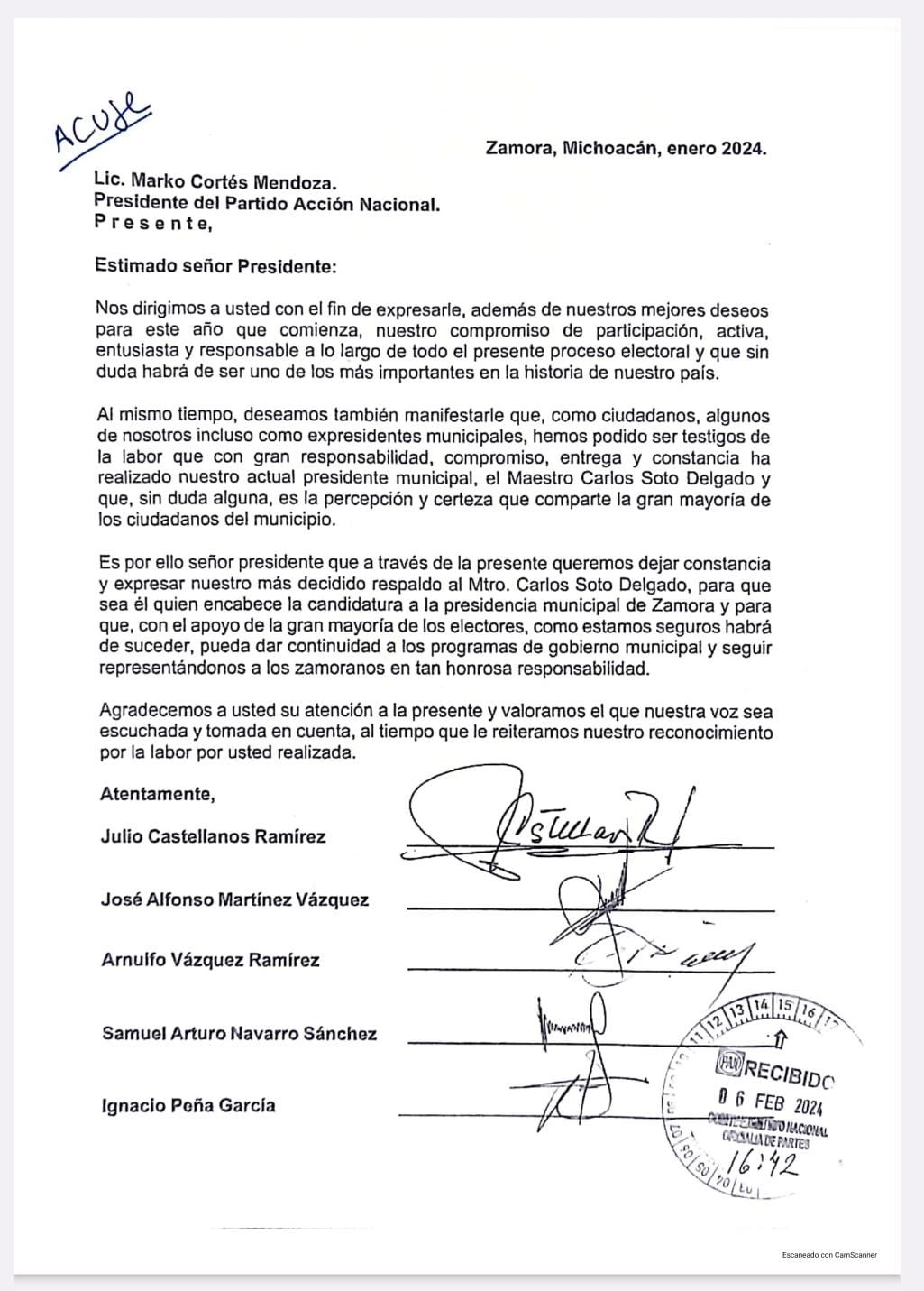 Apoyo Unánime de Ex Presidentes Municipales a Carlos Soto en carta enviada a Marko Cortés