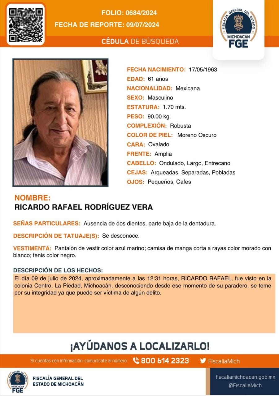 Se reporta la desaparición del periodista Ricardo Rafael Rodríguez Vera, en La Piedad