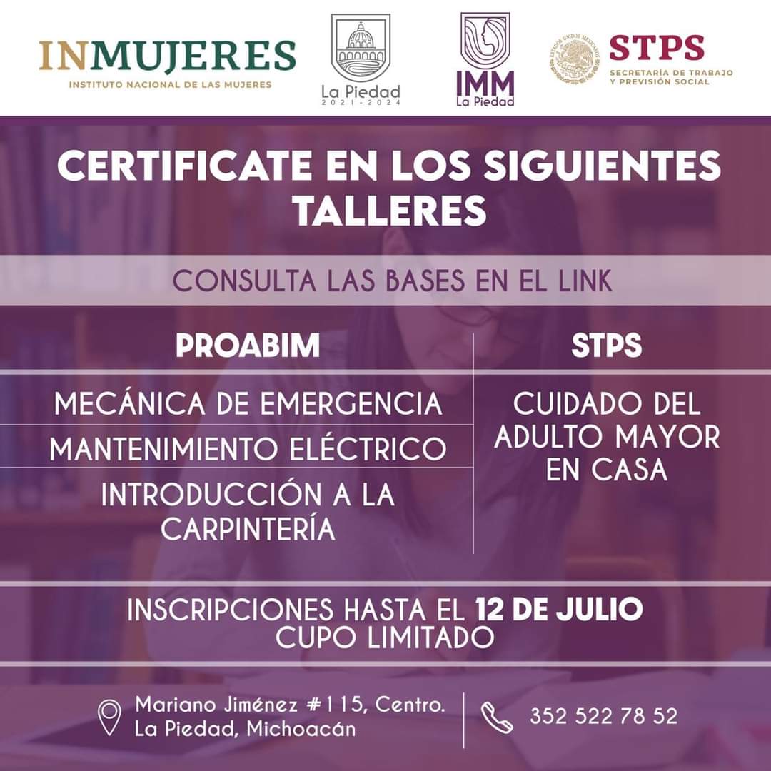 IMM CONVOCA A MUJERES PIEDADENSES A    CAPACITACIONES CON CERTIFICACIÓN