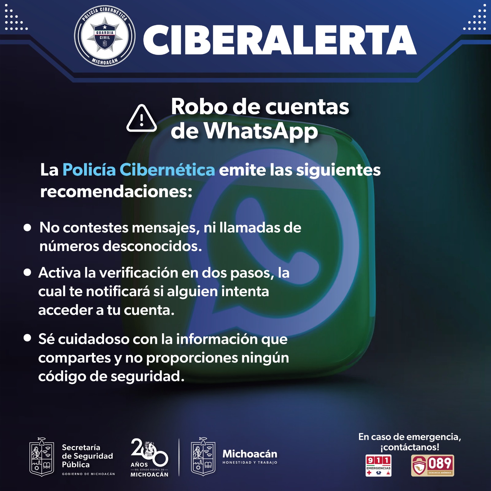 Alerta SSP sobre robo de cuentas de WhatsApp