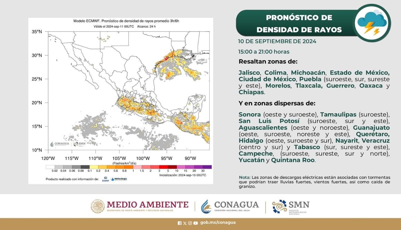 Se pronostican lluvias intensas en regiones de Colima, Guerrero, Jalisco, Michoacán y Tamaulipas