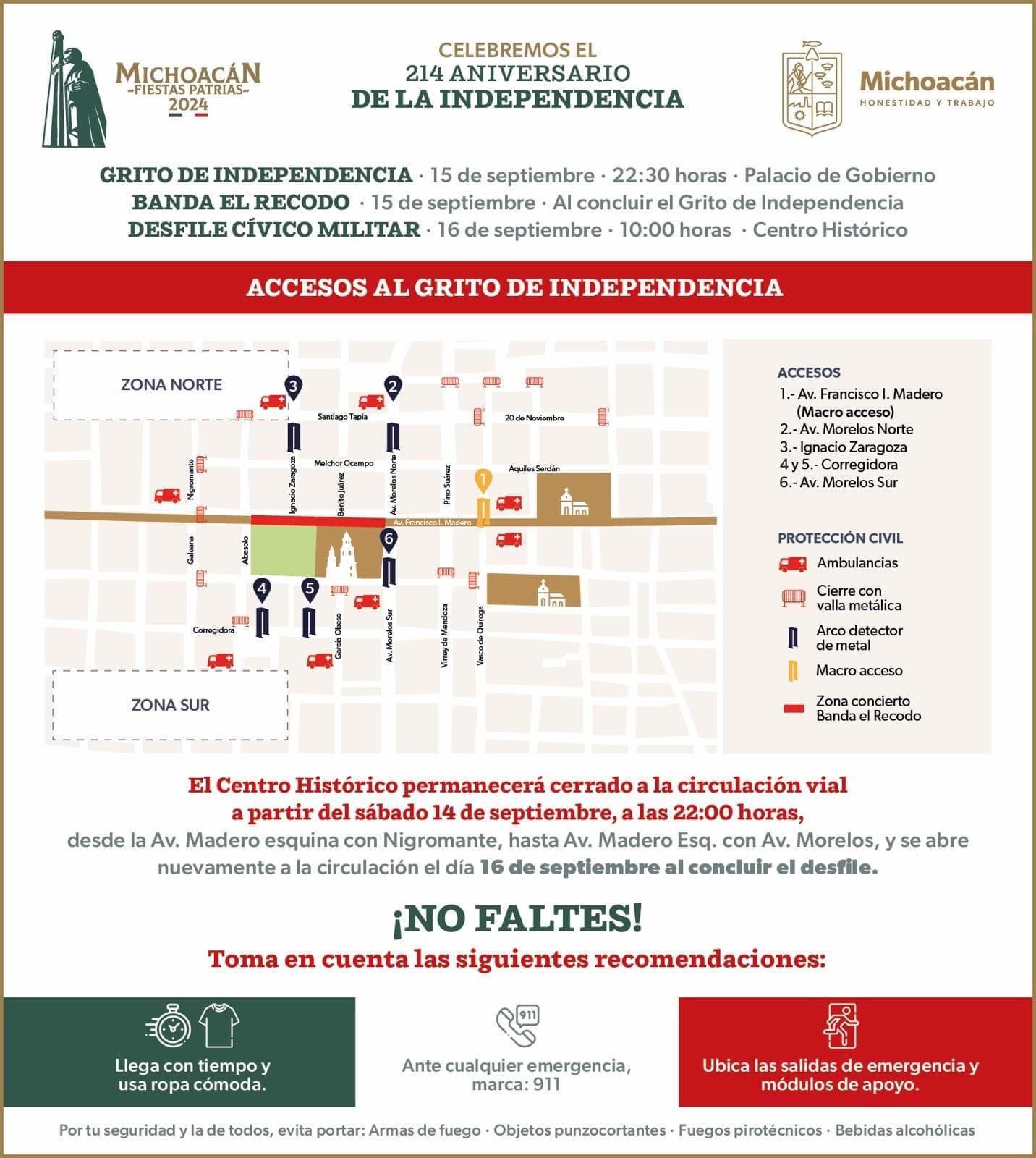 Estos serán los 6 puntos de acceso para el Centro Histórico de Morelia, por fiestas patrias