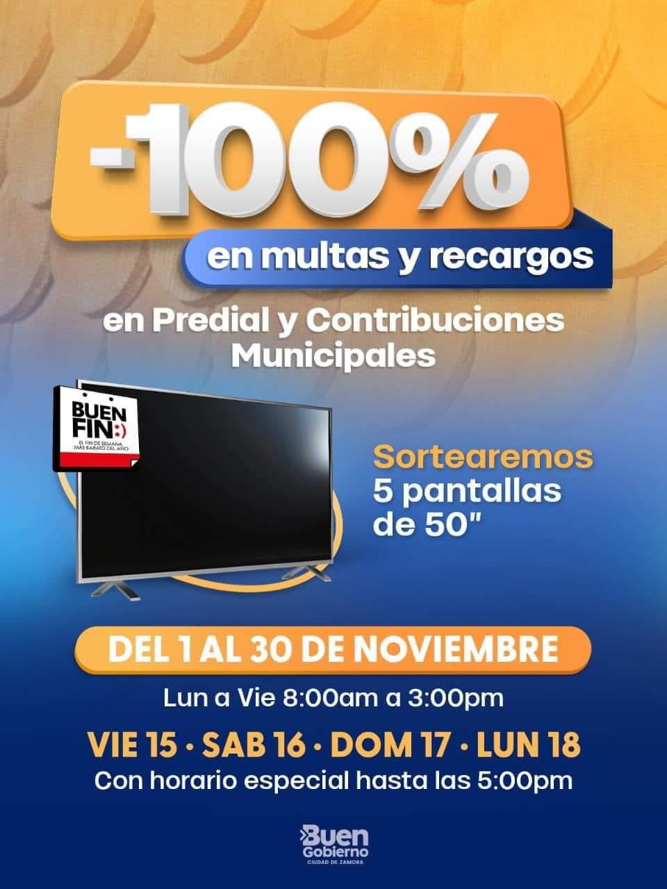 El #BuenFin ya está a la vuelta de la esquina y el 100% de descuentos en multas y recargos en pago de predial y contribuciones municipales te estará esperando.